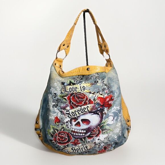 Y2k “Love is Forever Spirit” Tattoo Goth Skull & Rose Large Hobo Shoulder Bag - Picture 1 of 15